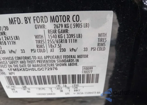 2020 Ford Explorer Xlt z USA, uszkodzony, nr VIN 1FMSK8DH0LGC72976